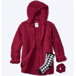 - Victorias Secret Pink Set cozy Sherpa Cardigan hoodie Sock Scrunchie One Size